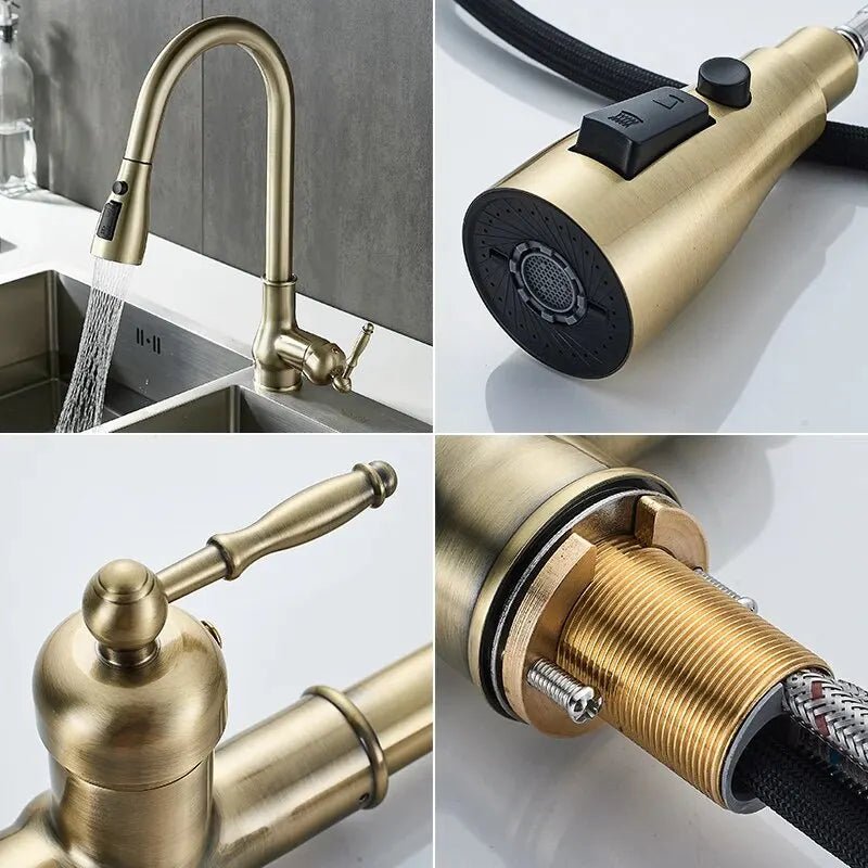 Mitigeur de cuisine à bec flexible en laiton antique – douchette extractible, rotation 360° et poignée latérale - Focett