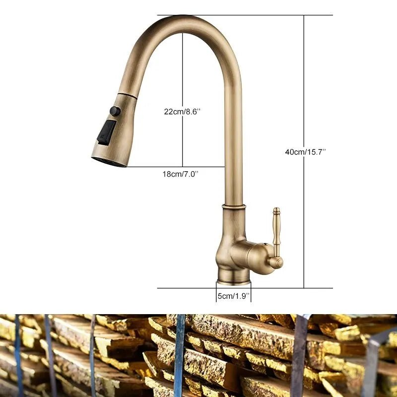 Mitigeur de cuisine à bec flexible en laiton antique – douchette extractible, rotation 360° et poignée latérale - Focett