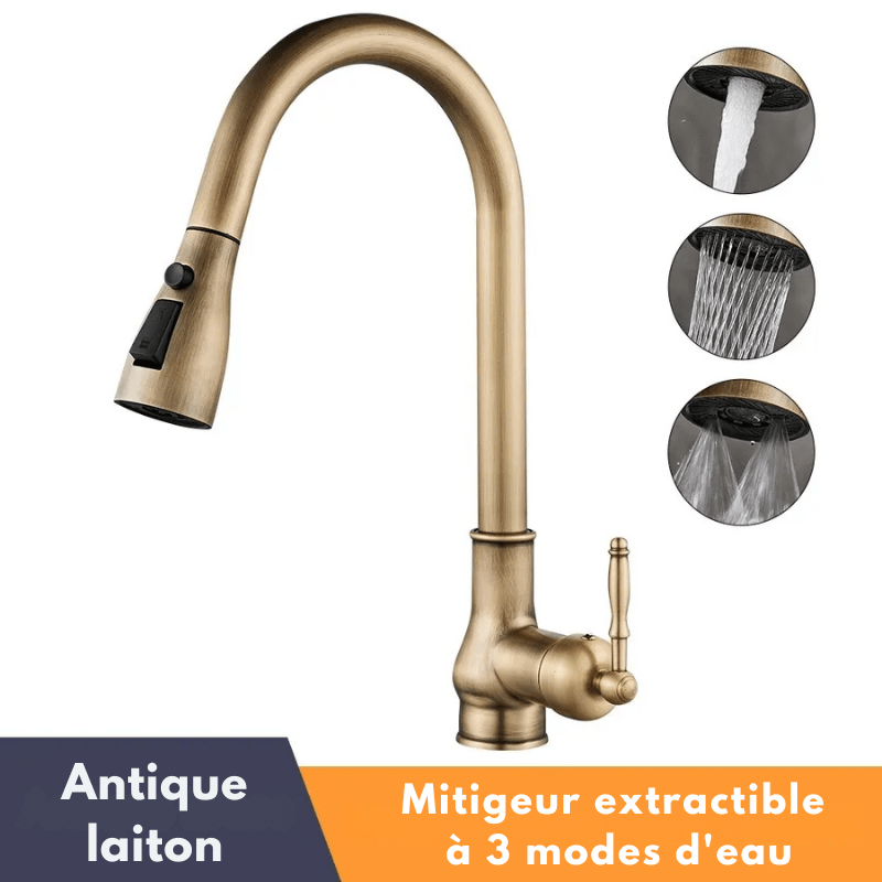 Mitigeur de cuisine à bec flexible en laiton antique – douchette extractible, rotation 360° et poignée latérale - Focett