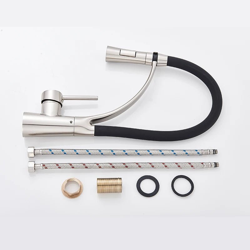 Mitigeur de cuisine en nickel brossé flexible avec bec orientable – laiton massif, douchette extractible - Focett