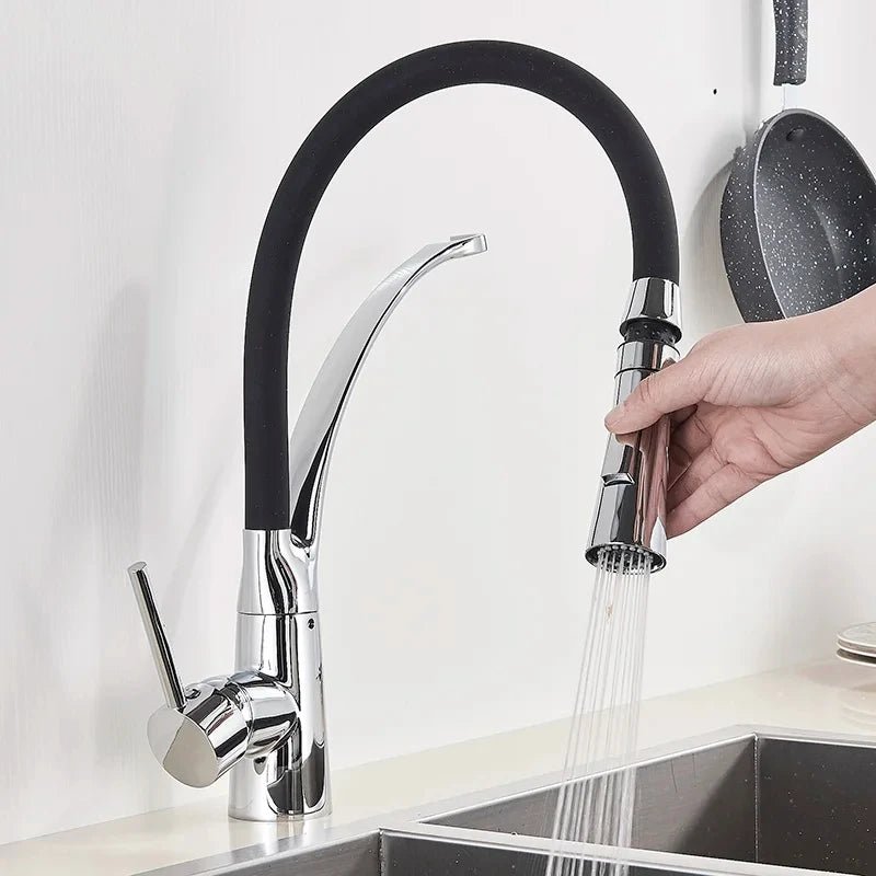 Mitigeur de cuisine en nickel brossé flexible avec bec orientable – laiton massif, douchette extractible - Focett