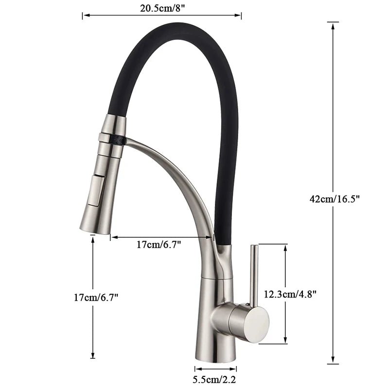 Mitigeur de cuisine en nickel brossé flexible avec bec orientable – laiton massif, douchette extractible - Focett