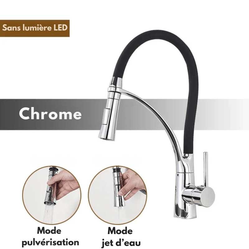 Mitigeur de cuisine en nickel brossé flexible avec bec orientable – laiton massif, douchette extractible - Focett