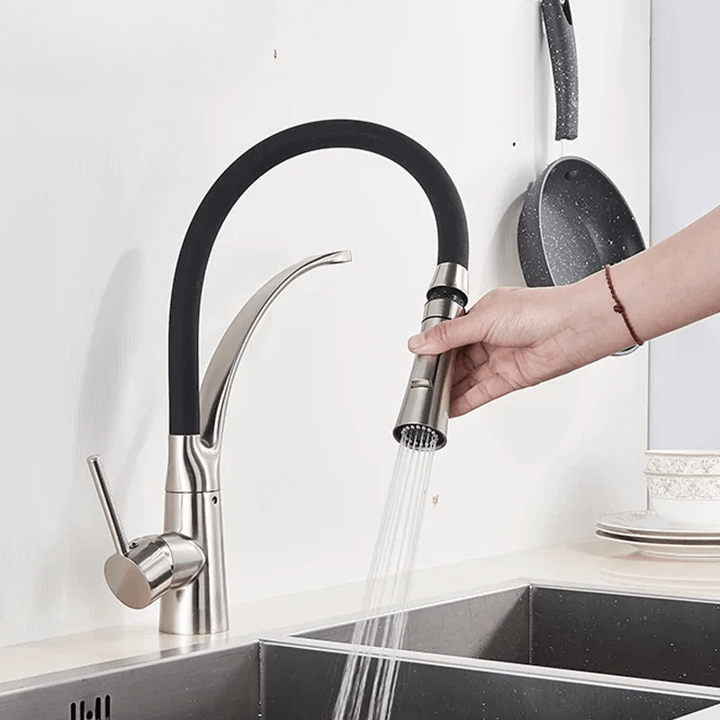 Mitigeur de cuisine en nickel brossé flexible avec bec orientable – laiton massif, douchette extractible - Focett