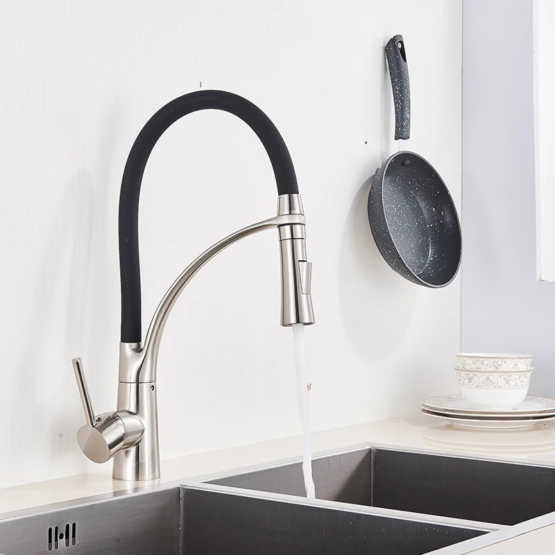 Mitigeur de cuisine en nickel brossé flexible avec bec orientable – laiton massif, douchette extractible - Focett
