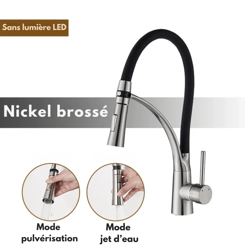 Mitigeur de cuisine en nickel brossé flexible avec bec orientable – laiton massif, douchette extractible - Focett