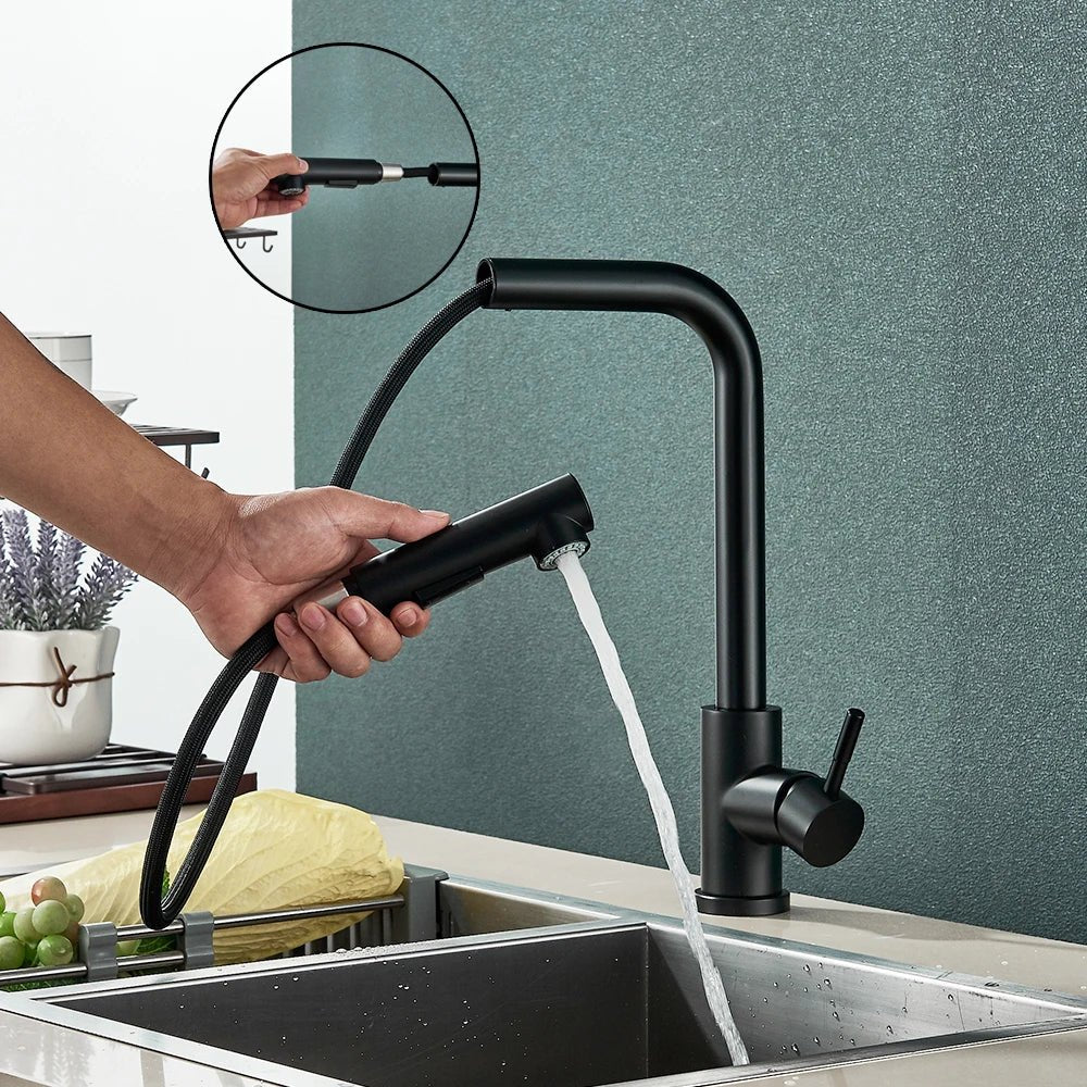 Mitigeur de cuisine extractible noir mat – jet double, bec rotatif 360° et poignée monocommande - Focett