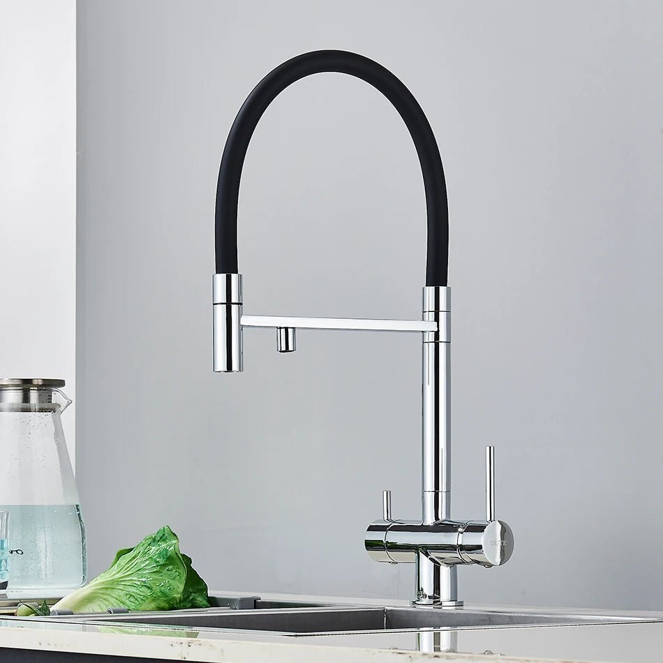 Mitigeur de cuisine gris mat double bec avec eau filtrée – laiton massif, contrôle séparé et rotation 360° - Focett