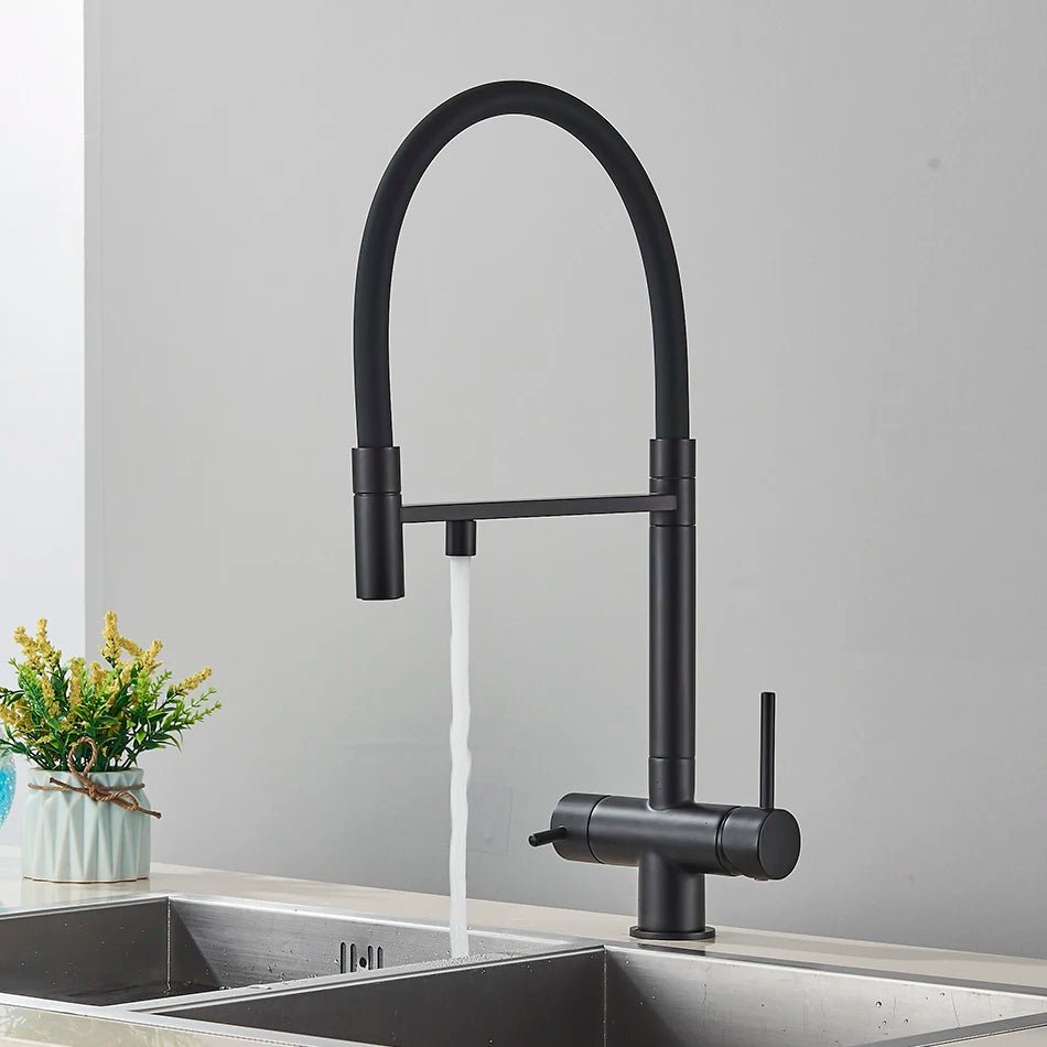 Mitigeur de cuisine gris mat double bec avec eau filtrée – laiton massif, contrôle séparé et rotation 360° - Focett