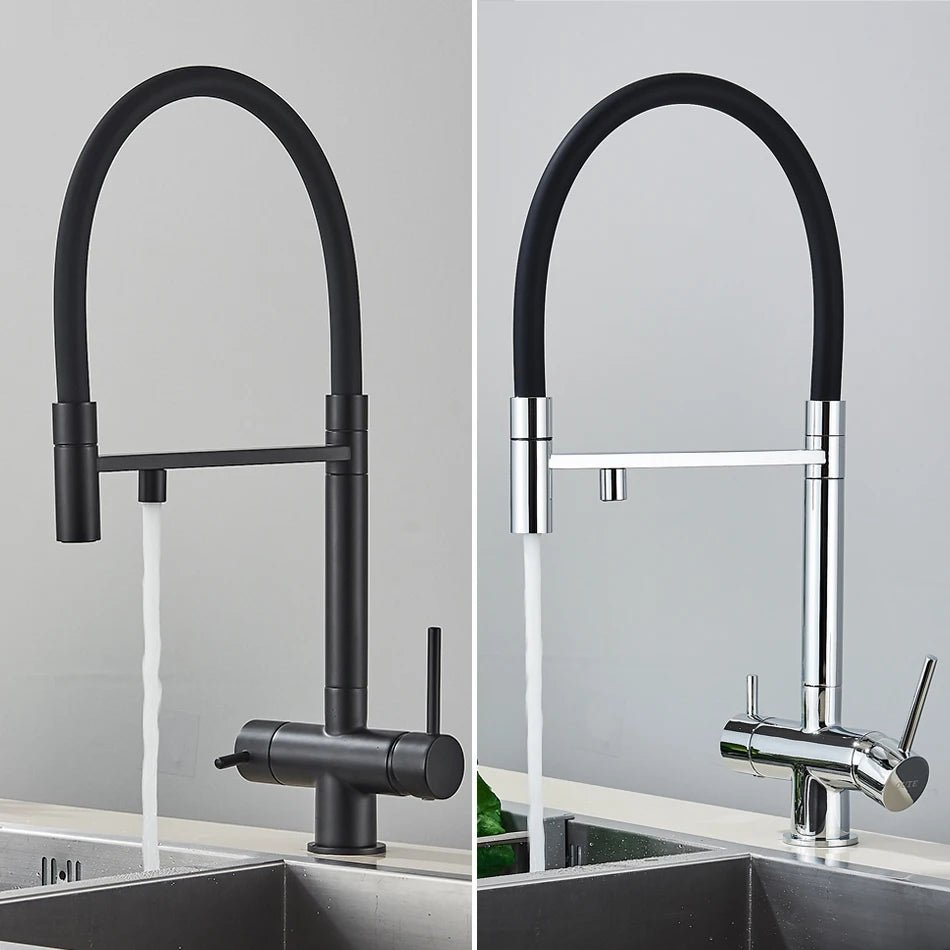 Mitigeur de cuisine gris mat double bec avec eau filtrée – laiton massif, contrôle séparé et rotation 360° - Focett