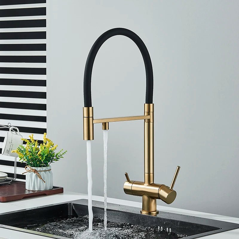 Mitigeur de cuisine gris mat double bec avec eau filtrée – laiton massif, contrôle séparé et rotation 360° - Focett