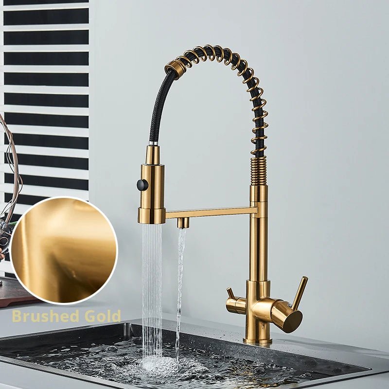 Mitigeur de cuisine gris mat double bec avec eau filtrée – laiton massif, contrôle séparé et rotation 360° - Focett