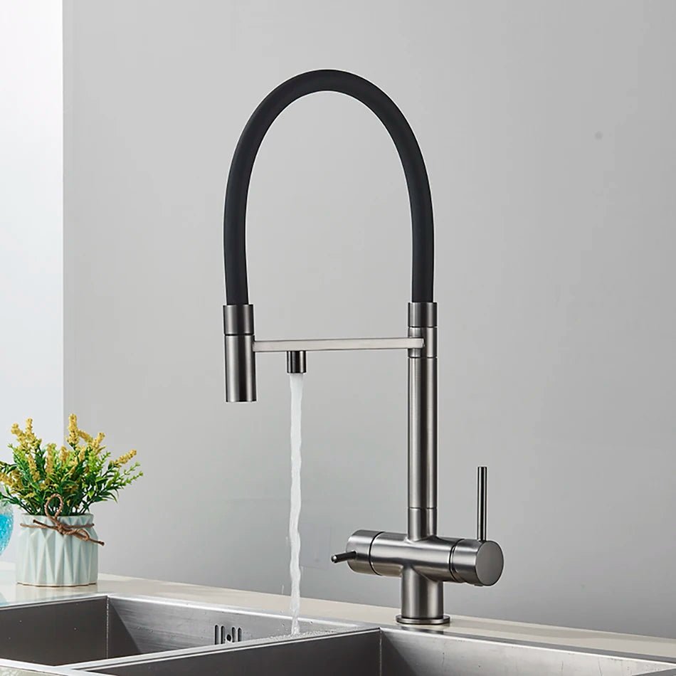 Mitigeur de cuisine gris mat double bec avec eau filtrée – laiton massif, contrôle séparé et rotation 360° - Focett