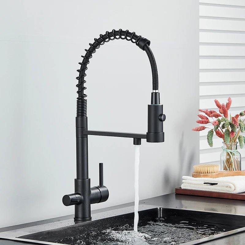 Mitigeur de cuisine gris mat double bec avec eau filtrée – laiton massif, contrôle séparé et rotation 360° - Focett