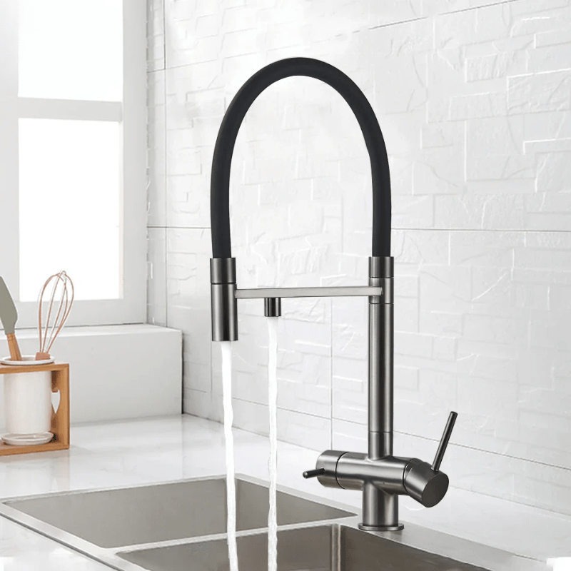 Mitigeur de cuisine gris mat double bec avec eau filtrée – laiton massif, contrôle séparé et rotation 360° - Focett
