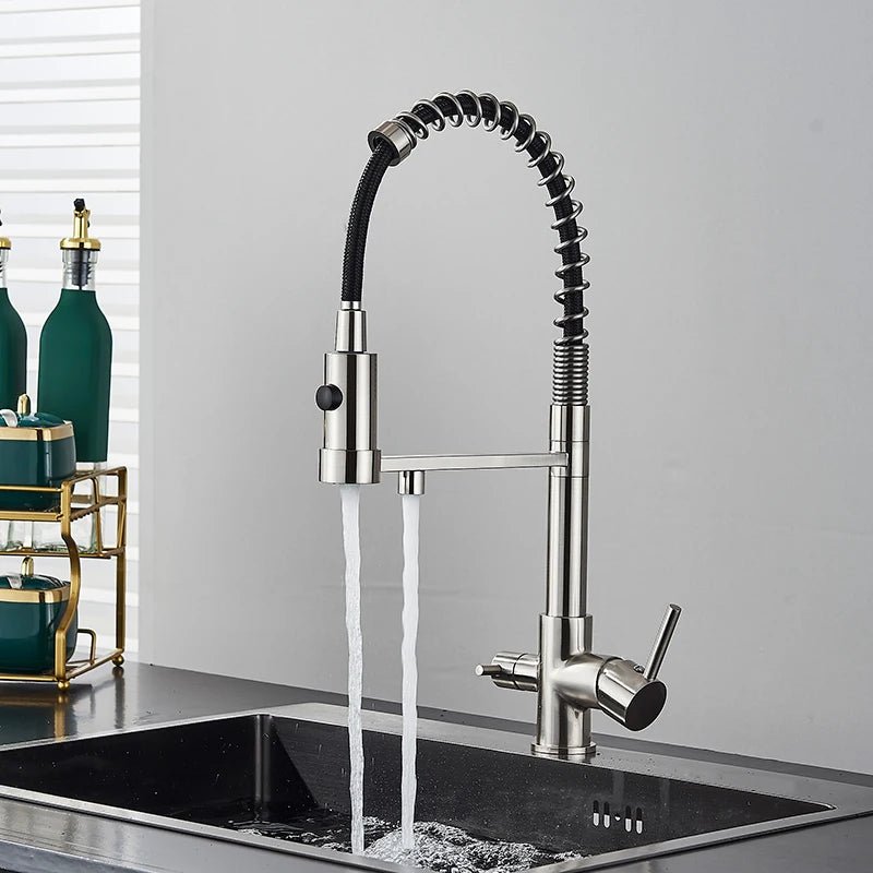 Mitigeur de cuisine gris mat double bec avec eau filtrée – laiton massif, contrôle séparé et rotation 360° - Focett