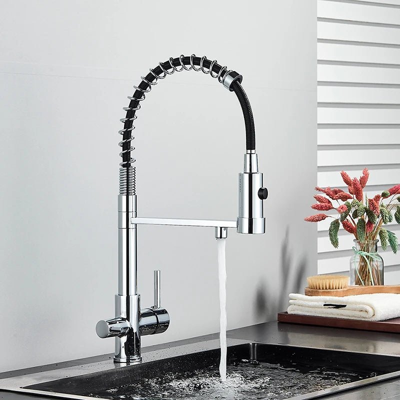 Mitigeur de cuisine gris mat double bec avec eau filtrée – laiton massif, contrôle séparé et rotation 360° - Focett
