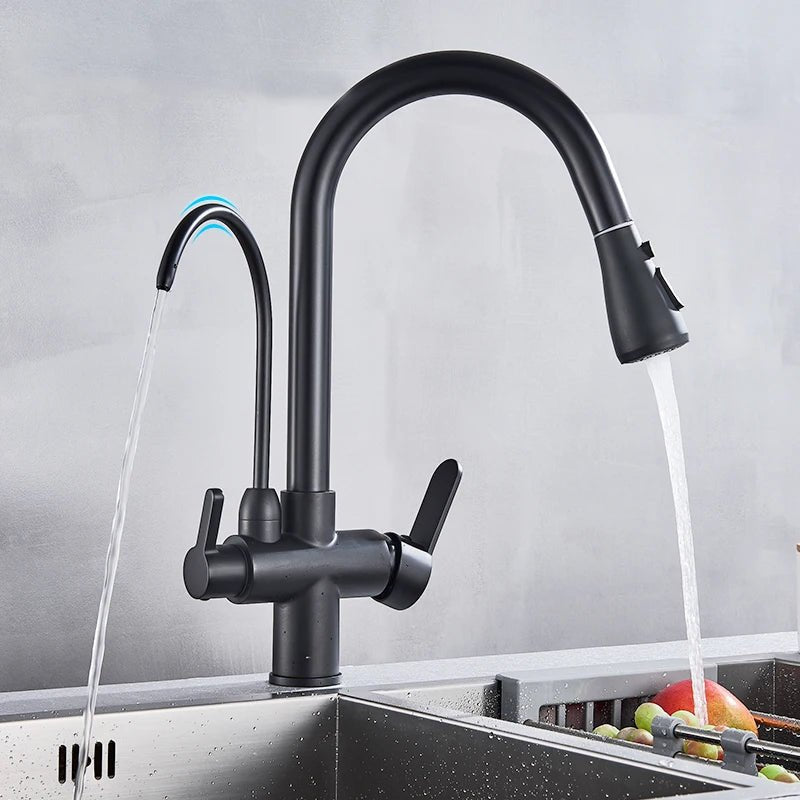 Mitigeur de cuisine noir 3 voies avec eau filtrée – double commande et bec rotatif 360° - Focett