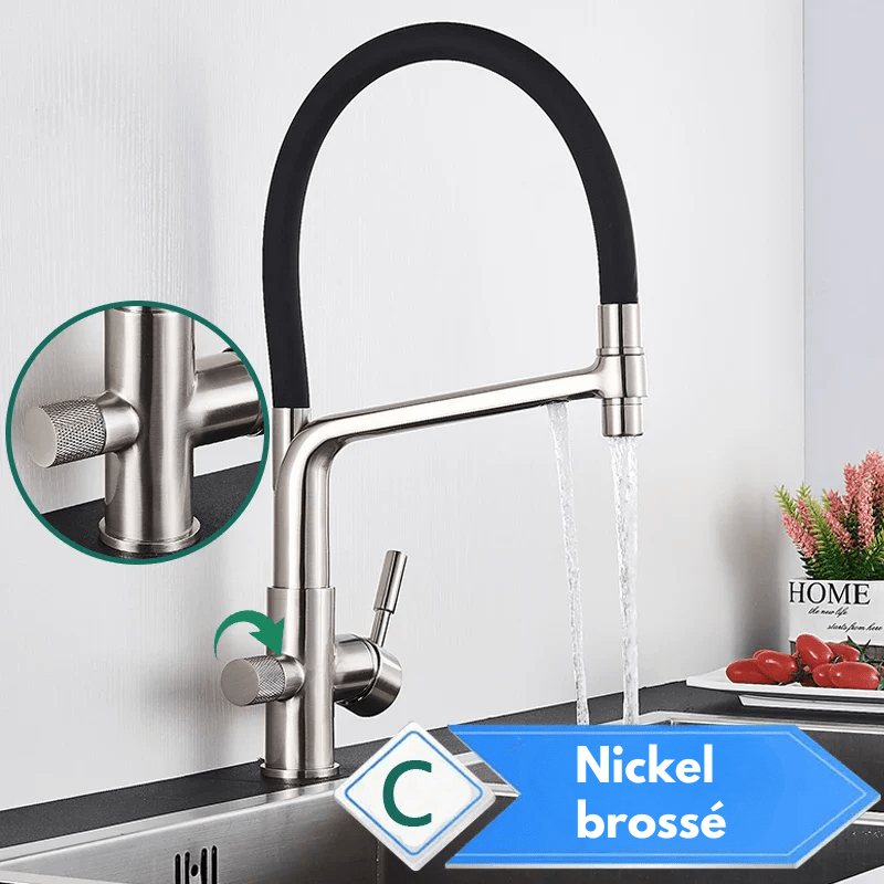 Mitigeur de cuisine noir 3 voies avec eau filtrée – double commande et bec rotatif 360° - Focett