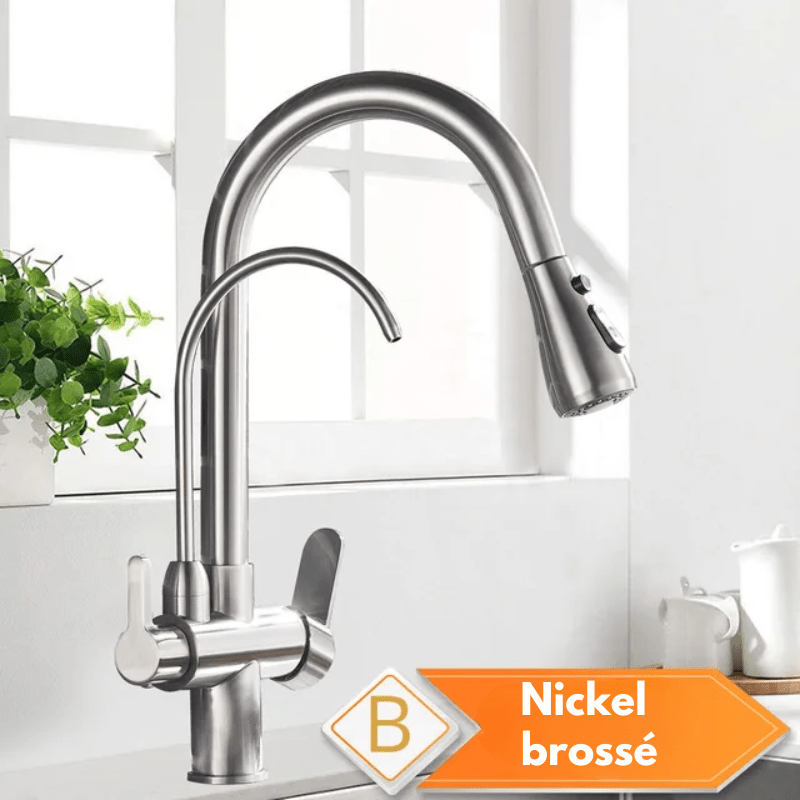 Mitigeur de cuisine noir 3 voies avec eau filtrée – double commande et bec rotatif 360° - Focett