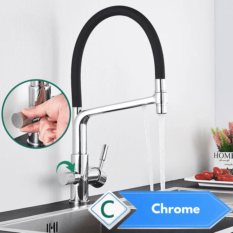 Mitigeur de cuisine noir 3 voies avec eau filtrée – double commande et bec rotatif 360° - Focett