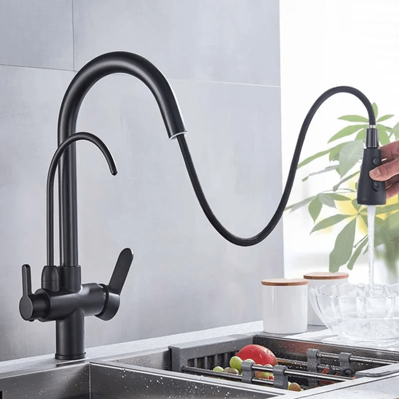 Mitigeur de cuisine noir 3 voies avec eau filtrée – double commande et bec rotatif 360° - Focett