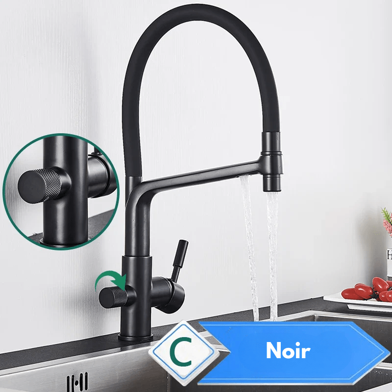 Mitigeur de cuisine noir 3 voies avec eau filtrée – double commande et bec rotatif 360° - Focett