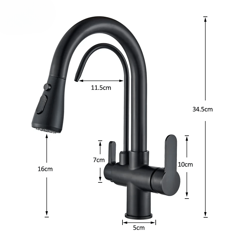 Mitigeur de cuisine noir 3 voies avec eau filtrée – double commande et bec rotatif 360° - Focett