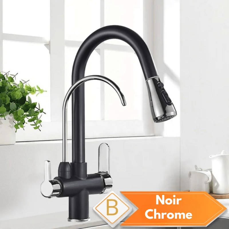 Mitigeur de cuisine noir 3 voies avec eau filtrée – double commande et bec rotatif 360° - Focett