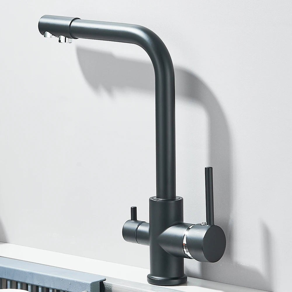 Mitigeur de cuisine noir double sortie avec eau filtrée – laiton massif, rotation 360° et finition chrome poli - Focett