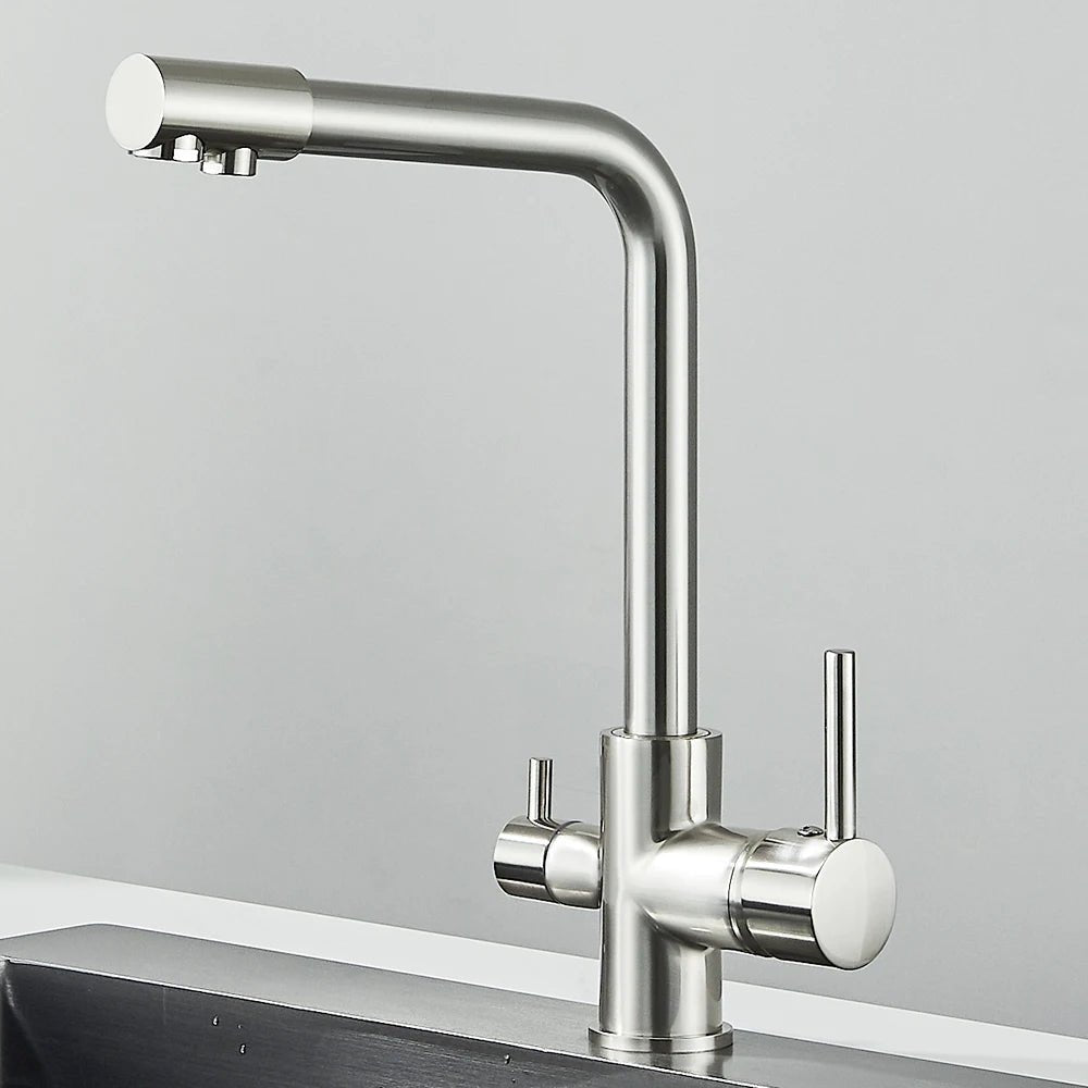 Mitigeur de cuisine noir double sortie avec eau filtrée – laiton massif, rotation 360° et finition chrome poli - Focett