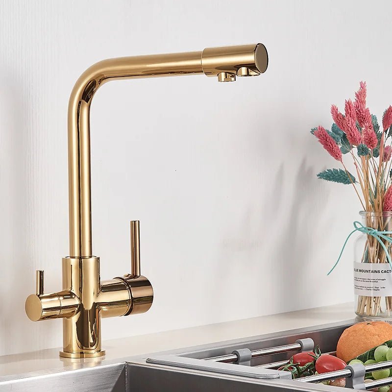 Mitigeur de cuisine noir double sortie avec eau filtrée – laiton massif, rotation 360° et finition chrome poli - Focett