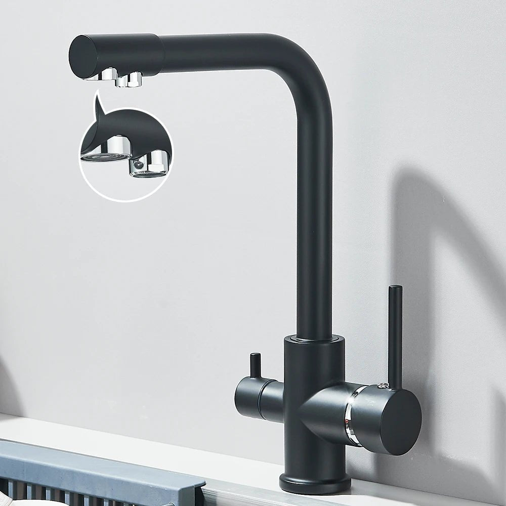 Mitigeur de cuisine noir double sortie avec eau filtrée – laiton massif, rotation 360° et finition chrome poli - Focett