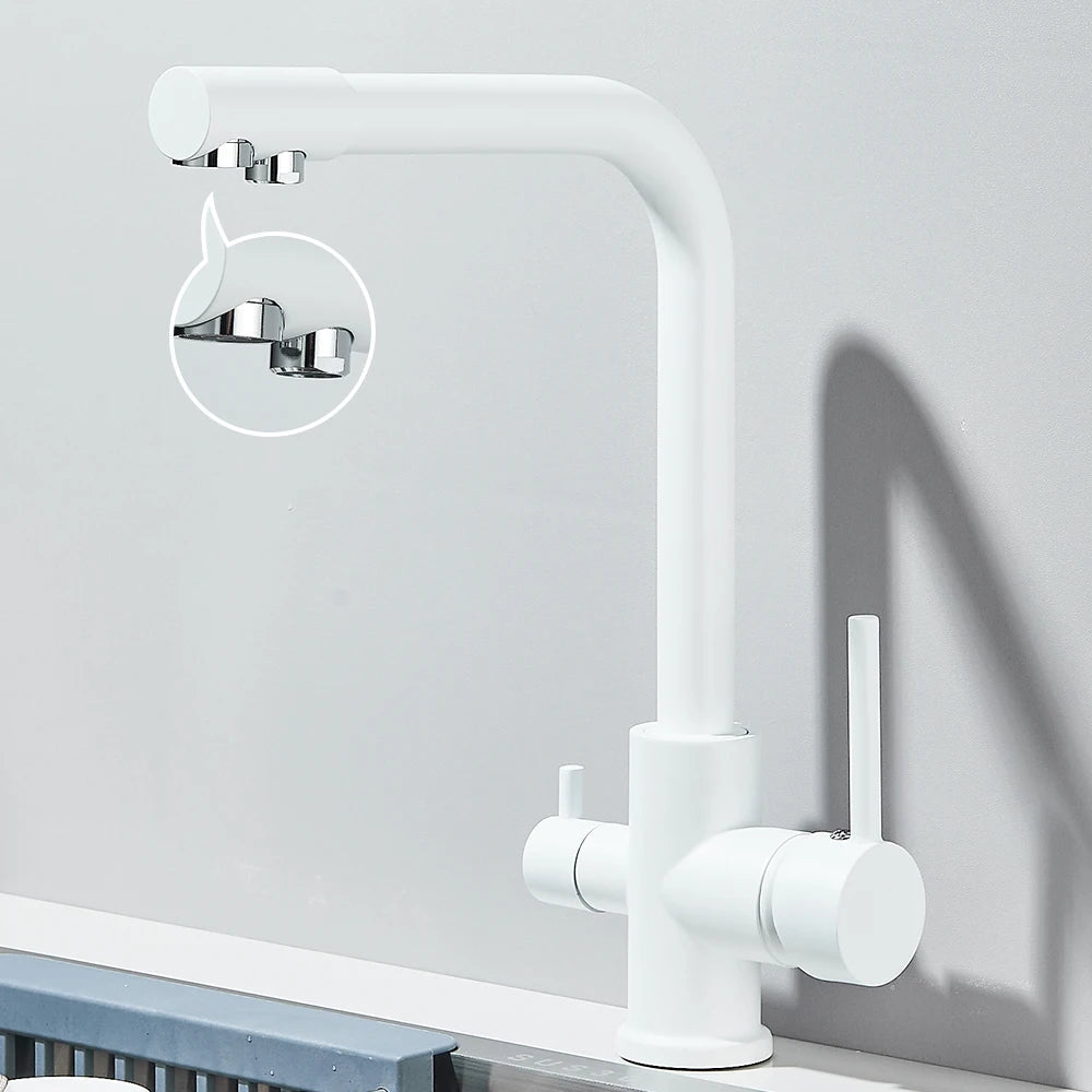 Mitigeur de cuisine noir double sortie avec eau filtrée – laiton massif, rotation 360° et finition chrome poli - Focett