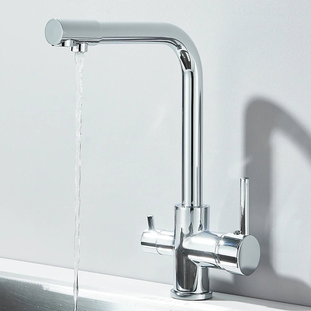 Mitigeur de cuisine noir double sortie avec eau filtrée – laiton massif, rotation 360° et finition chrome poli - Focett
