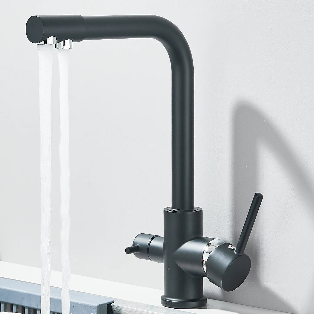 Mitigeur de cuisine noir double sortie avec eau filtrée – laiton massif, rotation 360° et finition chrome poli - Focett