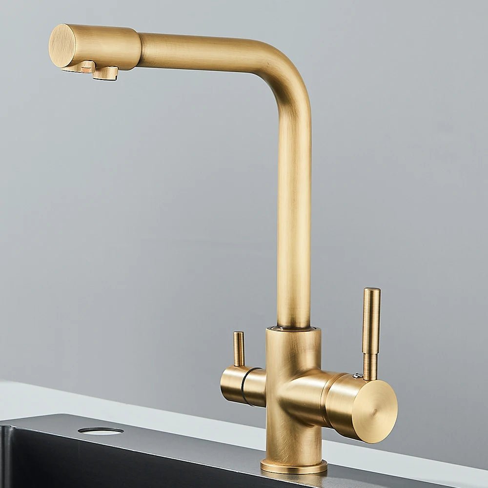 Mitigeur de cuisine noir double sortie avec eau filtrée – laiton massif, rotation 360° et finition chrome poli - Focett