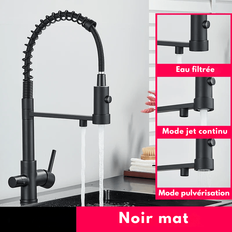Mitigeur de cuisine noir mat avec bec orientable – Pour eau filtrée et rotation 360° - Focett