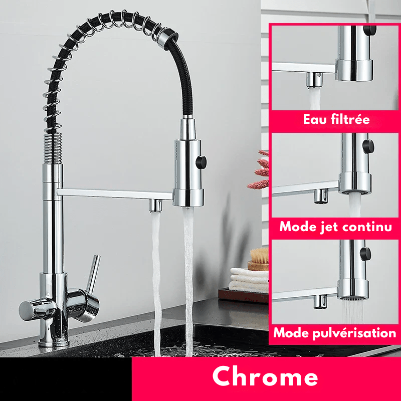 Mitigeur de cuisine noir mat avec bec orientable – Pour eau filtrée et rotation 360° - Focett