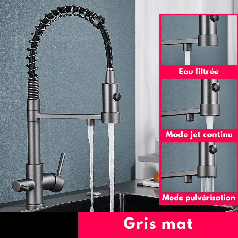 Mitigeur de cuisine noir mat avec bec orientable – Pour eau filtrée et rotation 360° - Focett