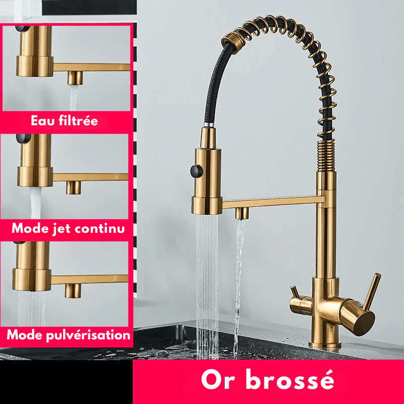 Mitigeur de cuisine noir mat avec bec orientable – Pour eau filtrée et rotation 360° - Focett