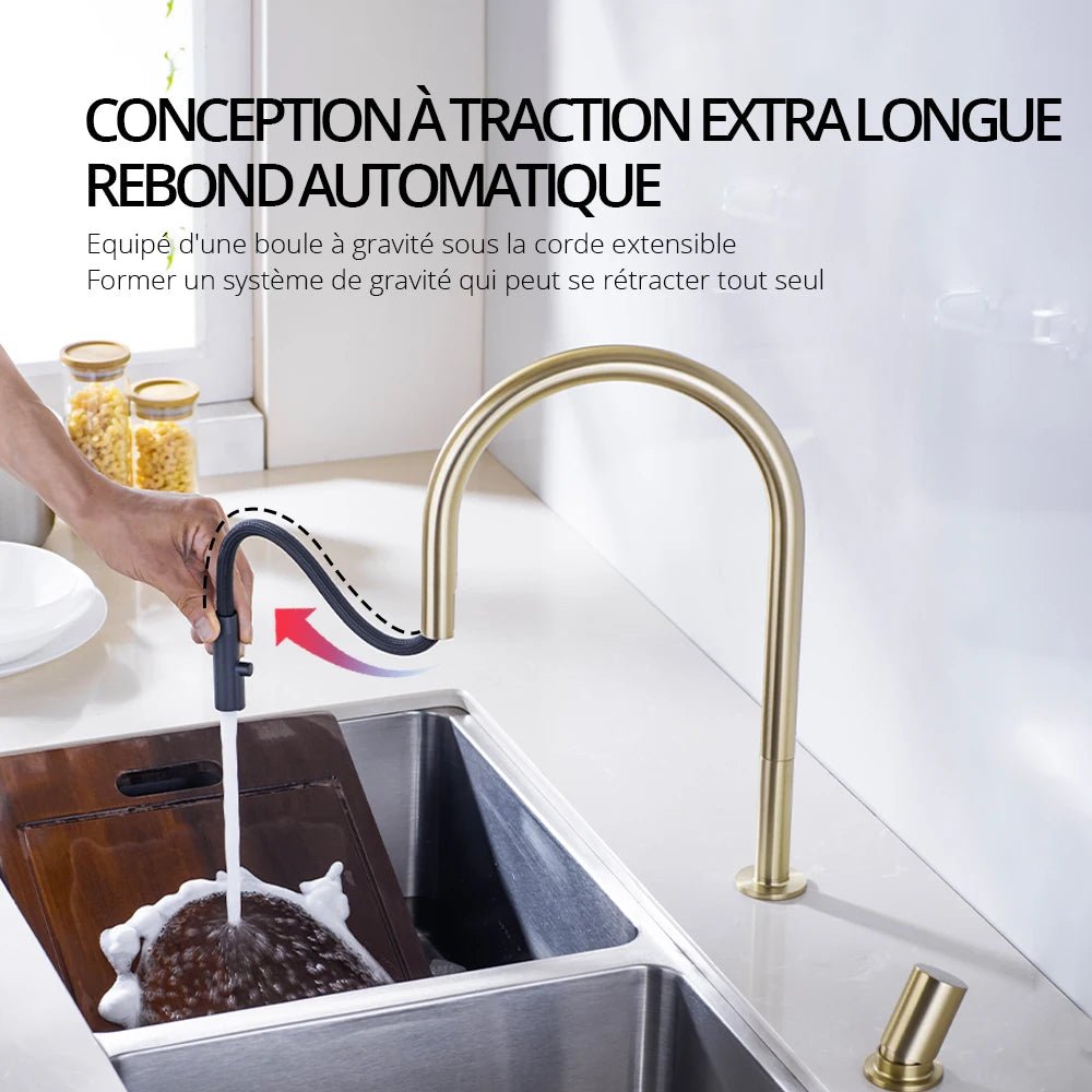 Mitigeur de cuisine or double trou avec bec rétractable – contrôle précis, rotation 360° et finition brossée - Focett