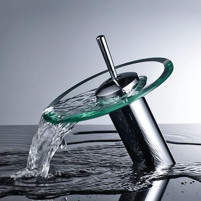 Mitigeur de lavabo noir cascade en verre – laiton massif, jet visuel apaisant et finition chromée brillante - Focett