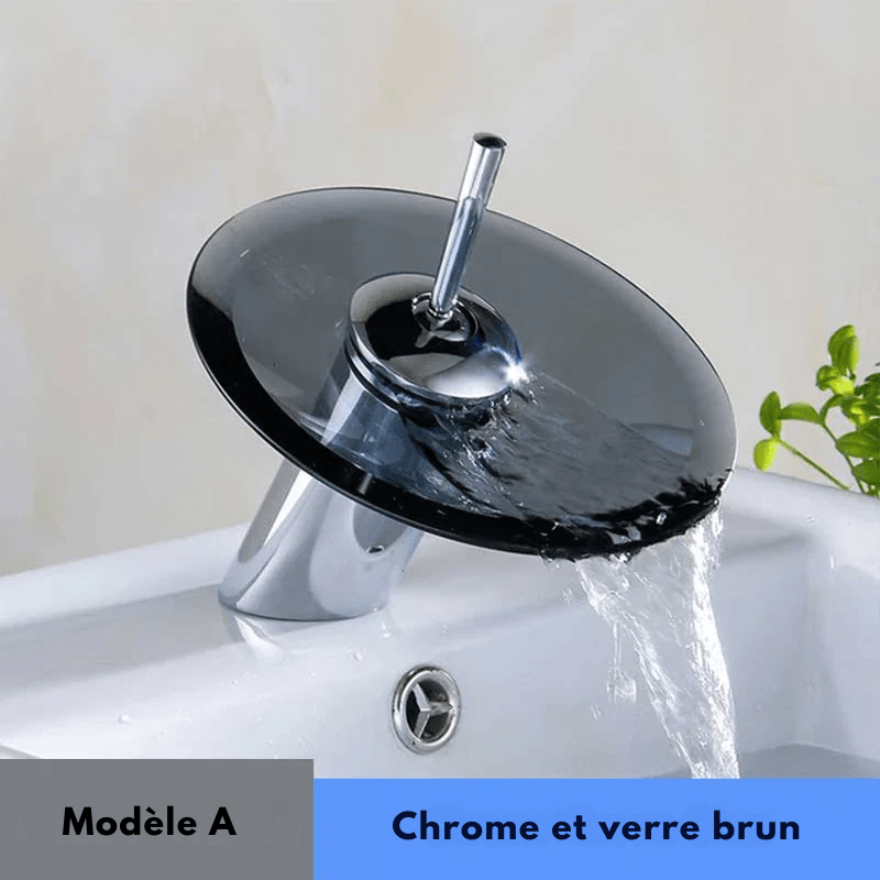 Mitigeur de lavabo noir cascade en verre – laiton massif, jet visuel apaisant et finition chromée brillante - Focett