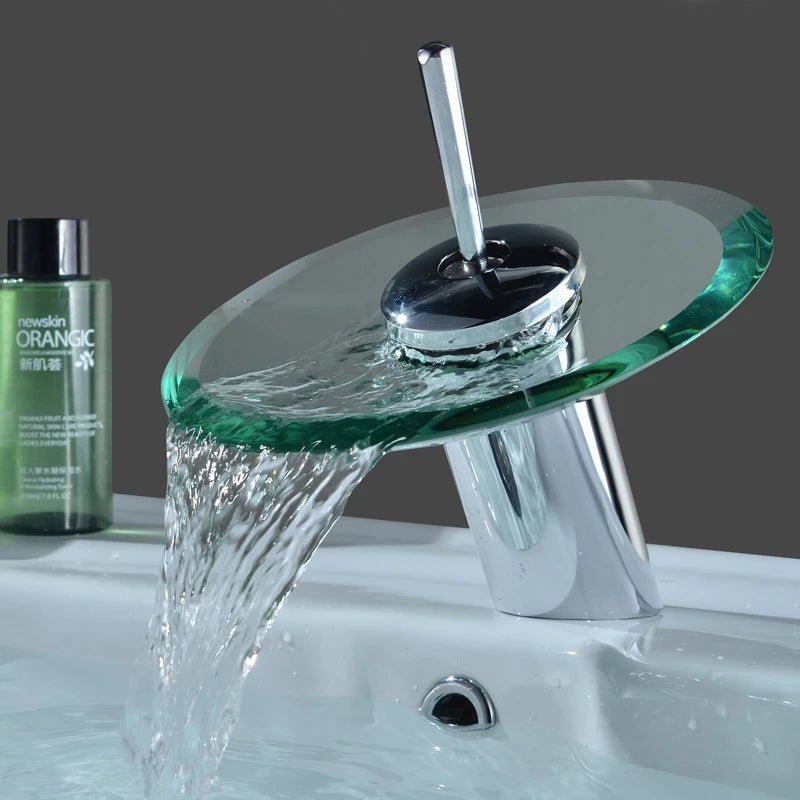 Mitigeur de lavabo noir cascade en verre – laiton massif, jet visuel apaisant et finition chromée brillante - Focett