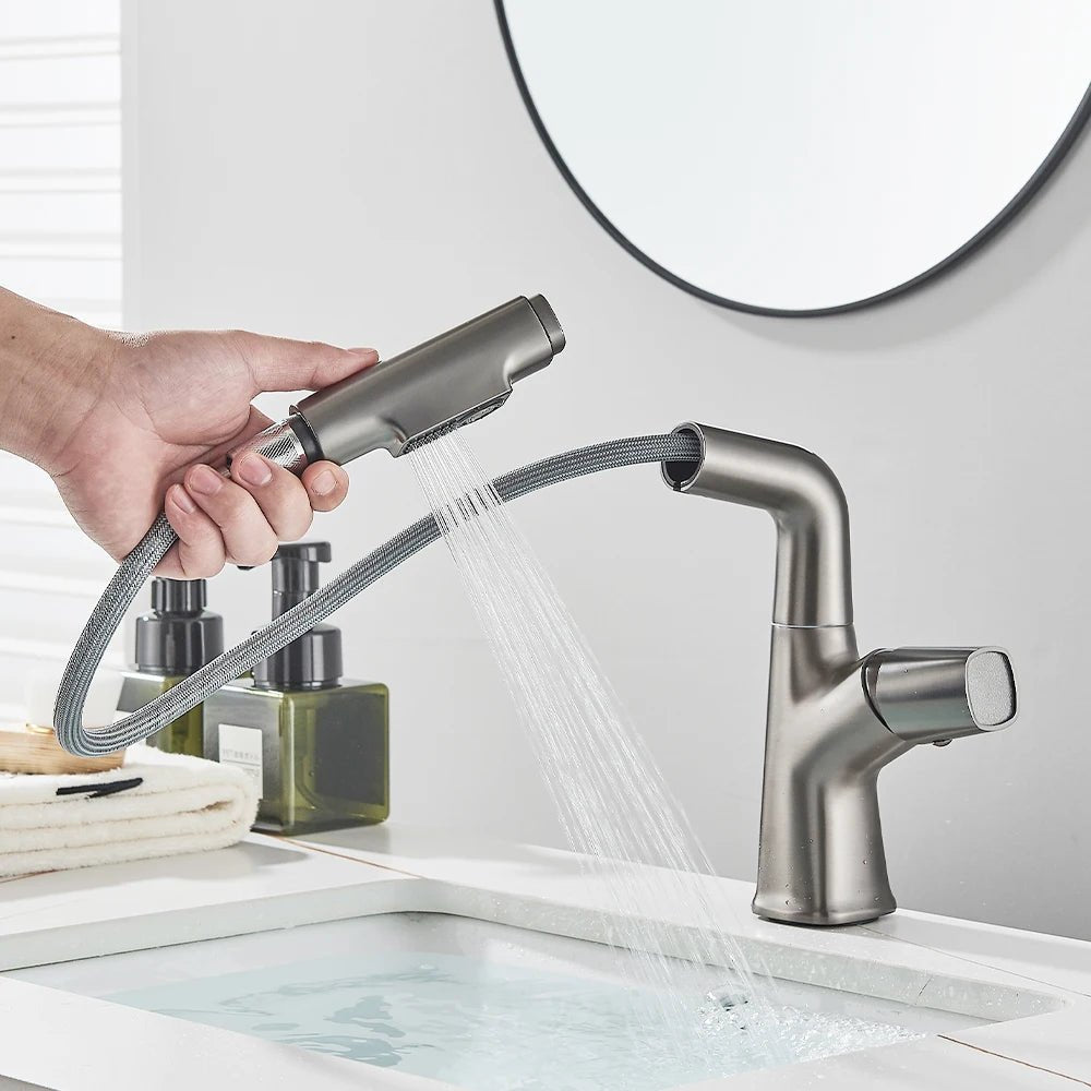 Mitigeur gris effet cascade à bec relevable pour lavabo – écoulement doux, poignée levier et installation facile - Focett