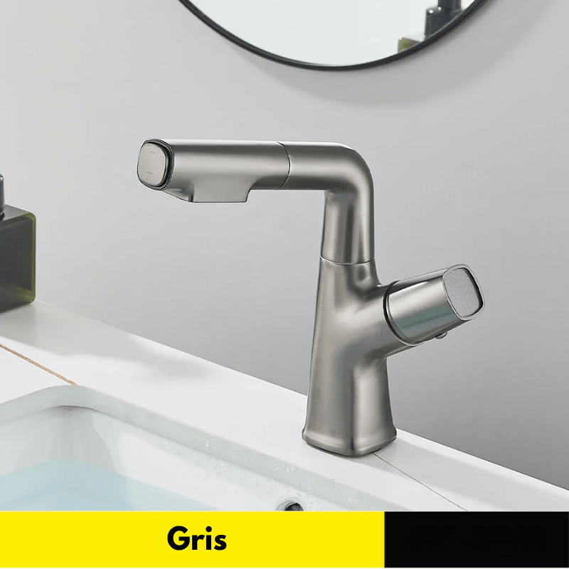 Mitigeur gris effet cascade à bec relevable pour lavabo – écoulement doux, poignée levier et installation facile - Focett