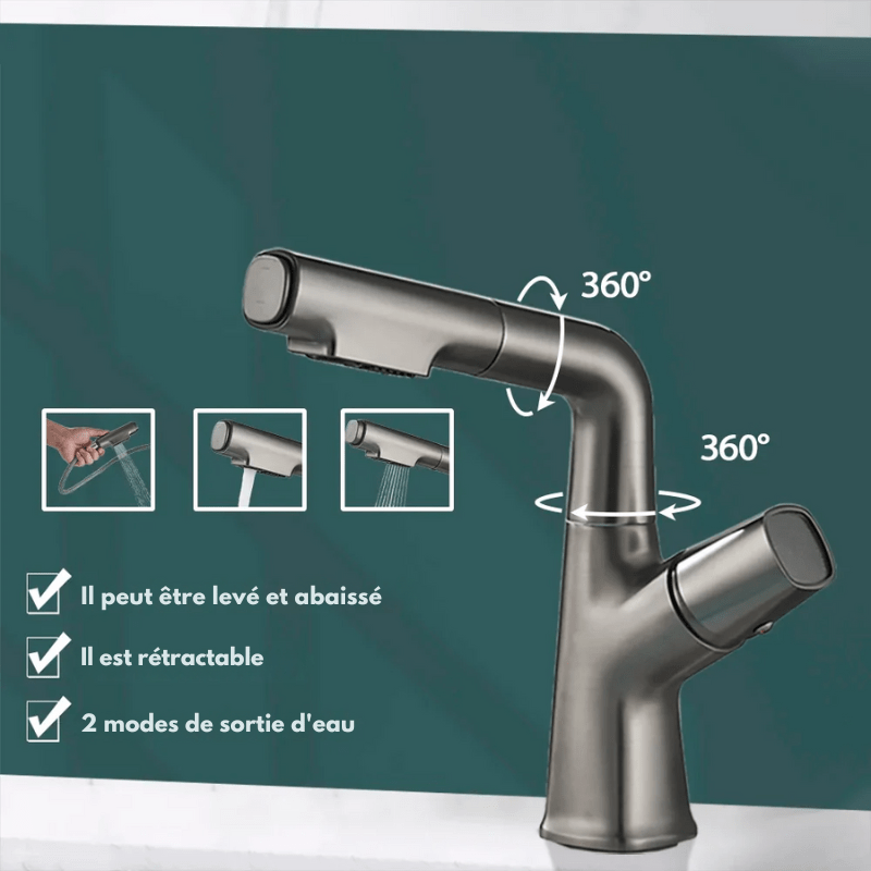 Mitigeur gris effet cascade à bec relevable pour lavabo – écoulement doux, poignée levier et installation facile - Focett