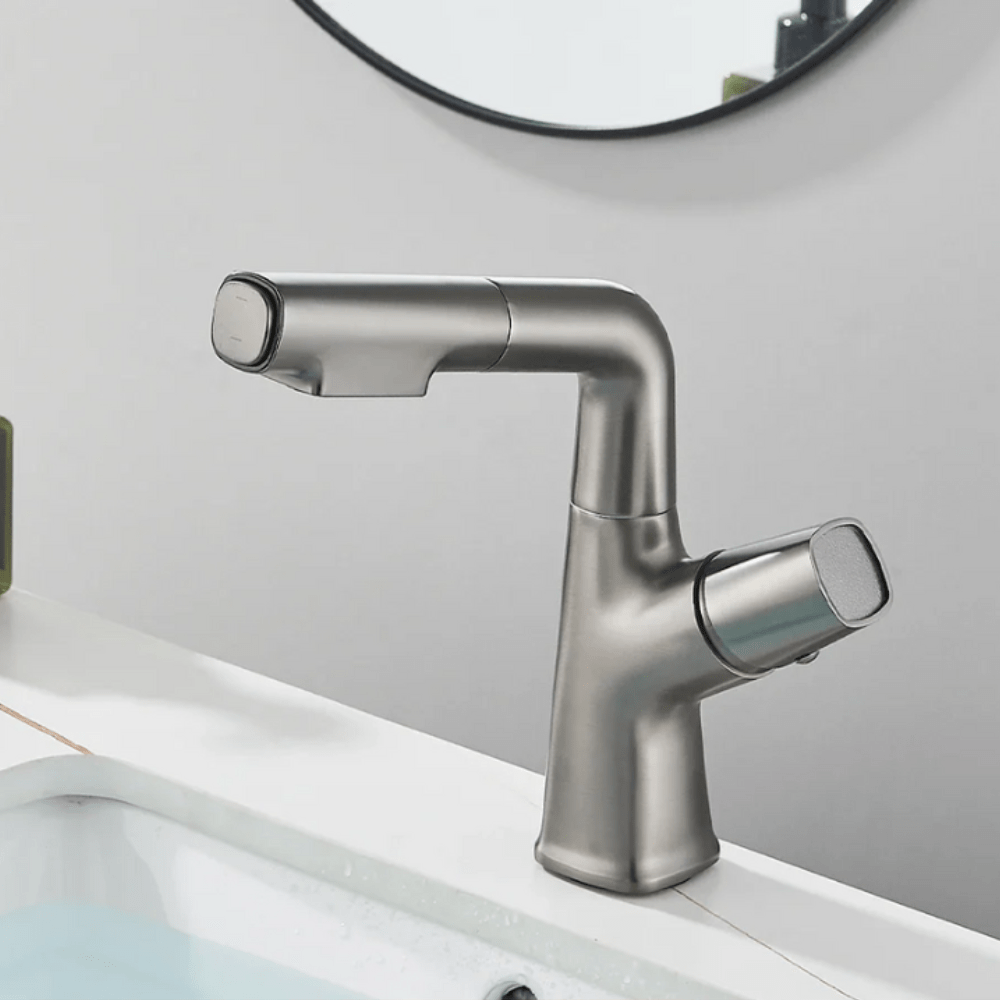 Mitigeur gris effet cascade à bec relevable pour lavabo – écoulement doux, poignée levier et installation facile - Focett