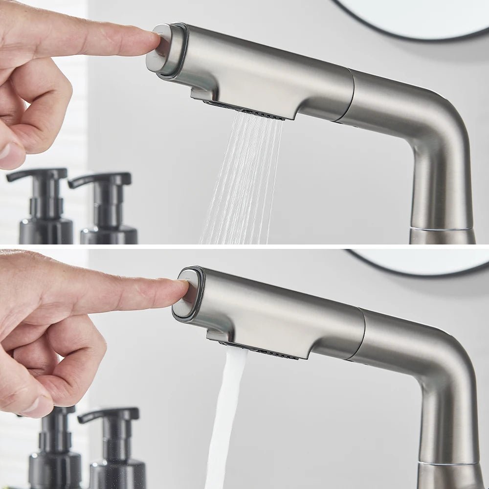 Mitigeur gris effet cascade à bec relevable pour lavabo – écoulement doux, poignée levier et installation facile - Focett